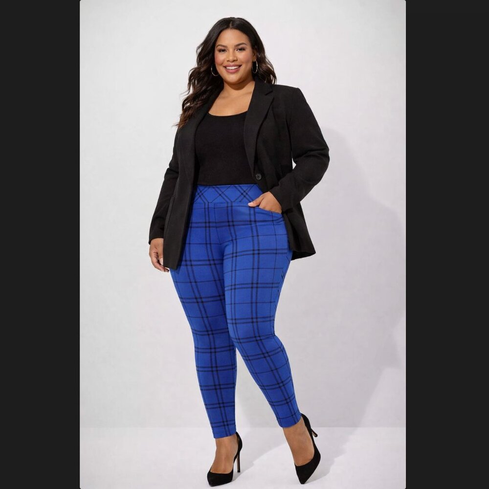 Torrid Pixie Pant 2X Tall Blue Plaid Ponte Skinny High Rise Pull On Academia NWT